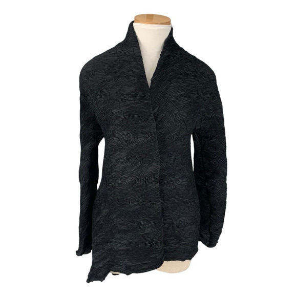 Anett Rostel Crinkle Pleat Jacket Size 42 Black Asymmetric Hem M/L Lagenlook - Picture 1 of 12